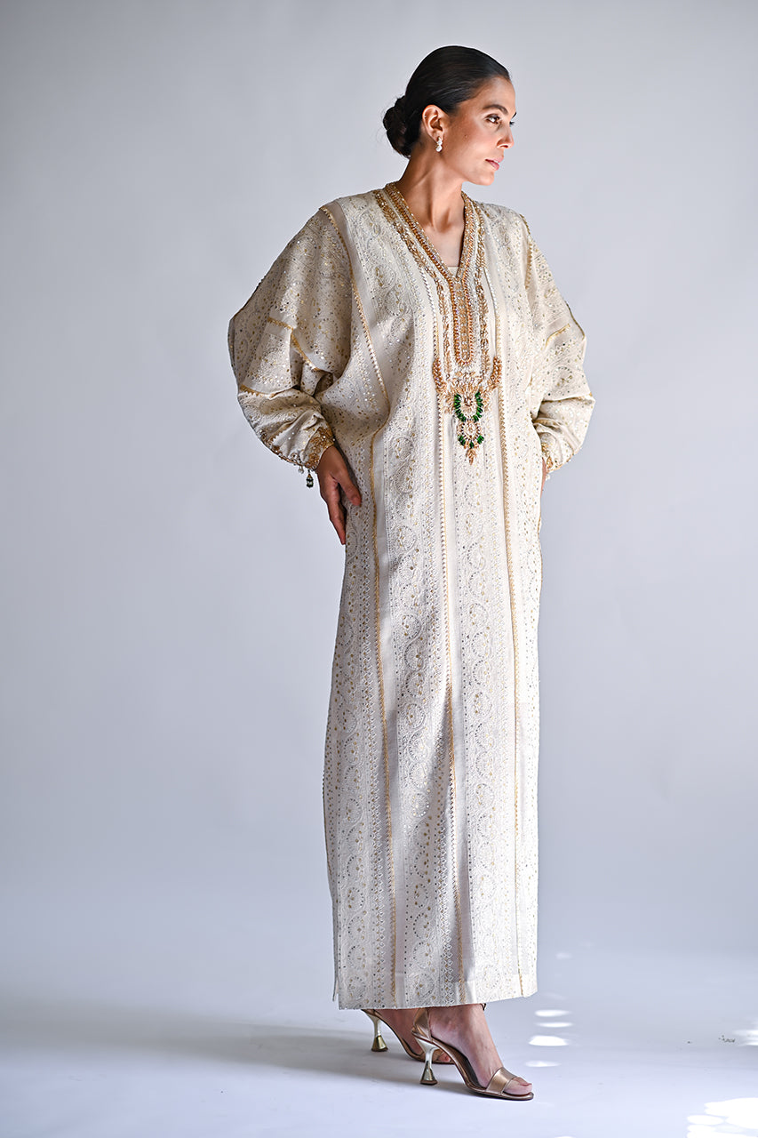 Pakistani Ivory Thread Gota Cotton Net Kaftan (2-Piece) - Image 4