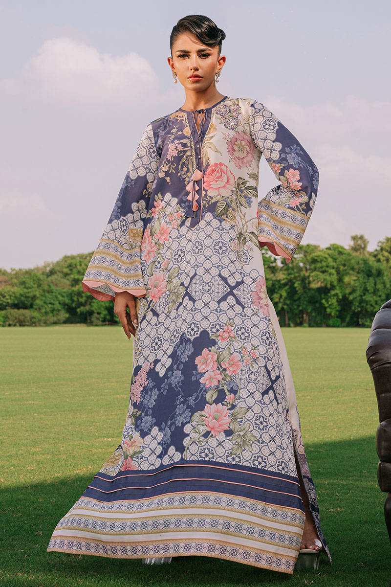Pakistani Ivory and Purple Printed Grip Kaftan (1-Pc) - Image 1