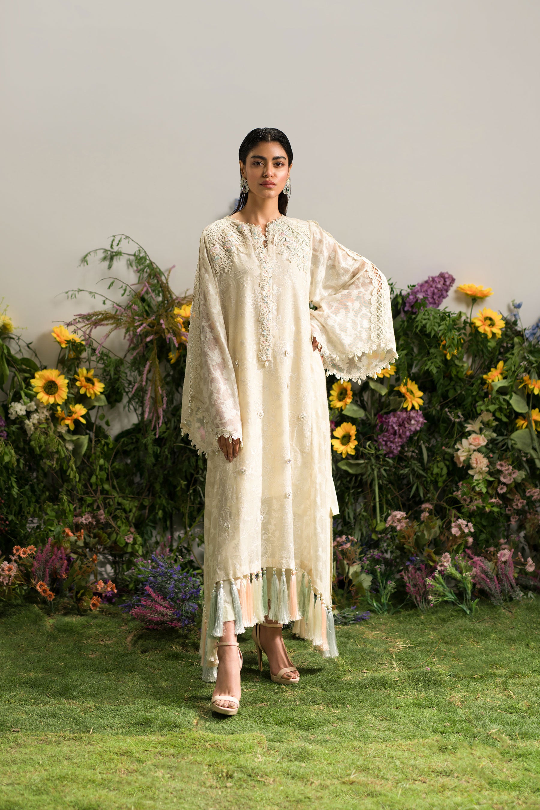 Pakistani Ivory Hand-Embellished Khaddi Net Kaftan (3-Piece) - Image 1