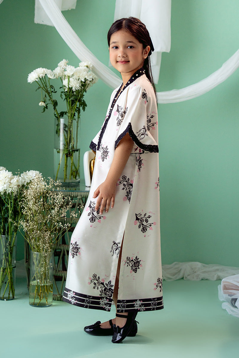 Pakistani Ivory Lace & Pearl Khadi Silk Kaftan (1-Pc) - Image 4