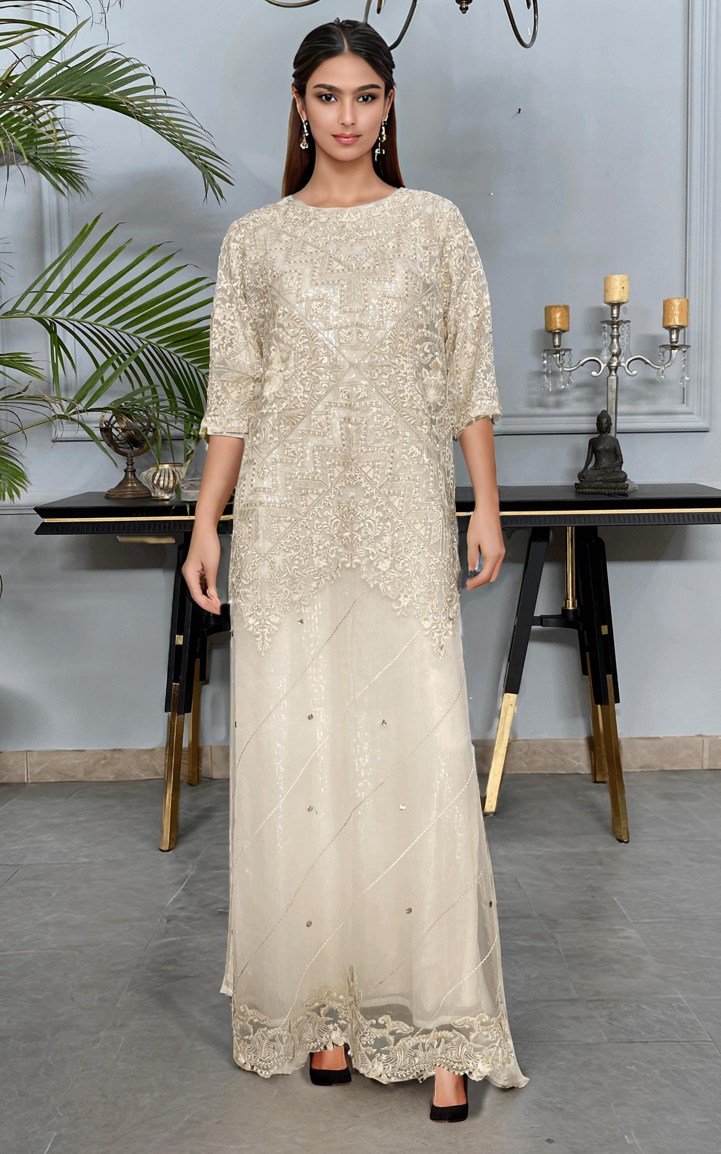 Ivory Embroidered Net Kaftan with Sequins & Pearls (1-Pc) - Image 1