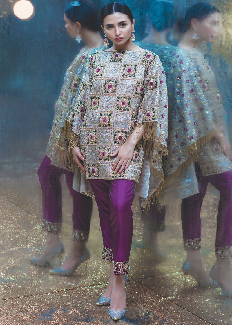 Ivory and Purple Handworked Organza Kaftan (2-Piece) - Image 1