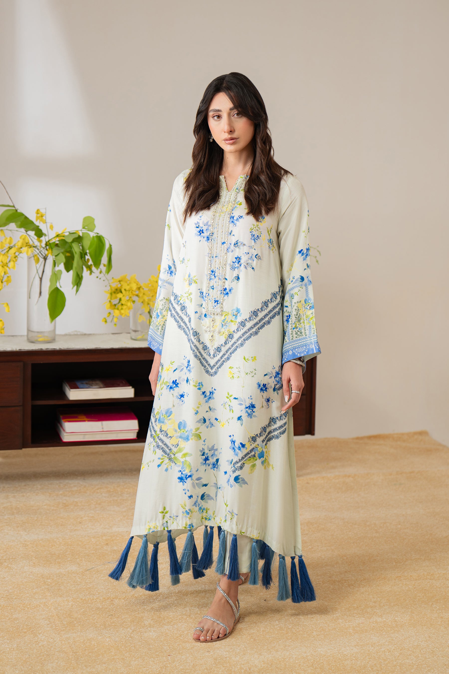 Pakistani Ivory Floral Embellished Silk Kaftan Set (2-Piece) - Image 1