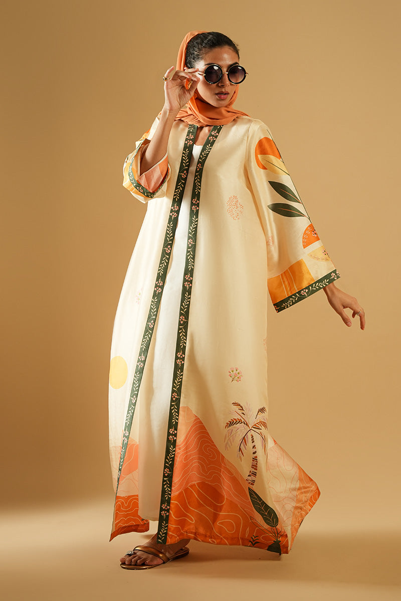 Pakistani Off-White Printed Pure Raw Silk Abaya Cut (3-Piece) - Image 10