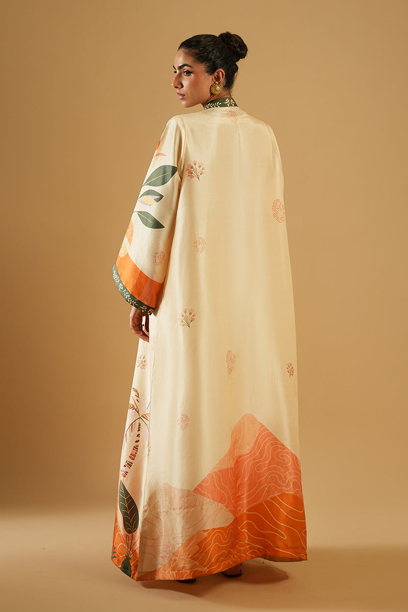 Pakistani Off-White Printed Pure Raw Silk Abaya Cut (3-Piece) - Image 2