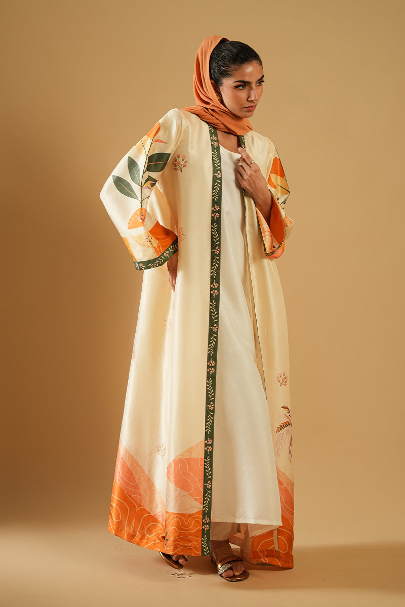 Pakistani Off-White Printed Pure Raw Silk Abaya Cut (3-Piece) - Image 3