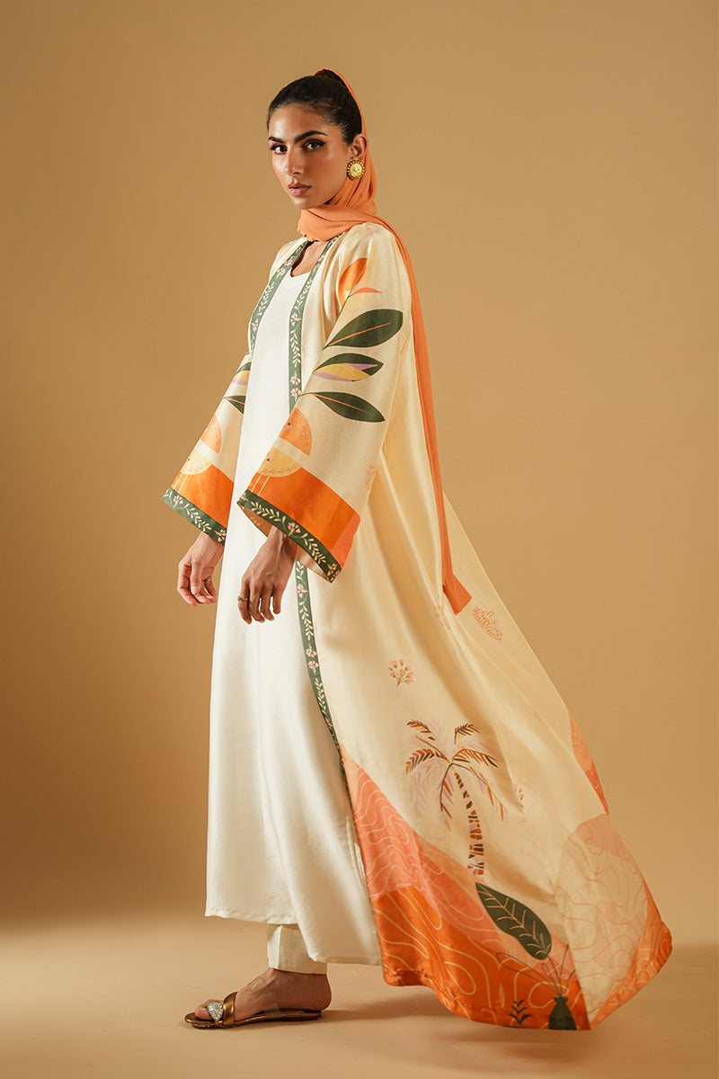 Pakistani Off-White Printed Pure Raw Silk Abaya Cut (3-Piece) - Image 4