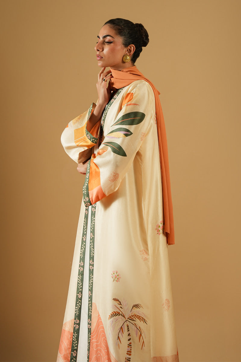 Pakistani Off-White Printed Pure Raw Silk Abaya Cut (3-Piece) - Image 5