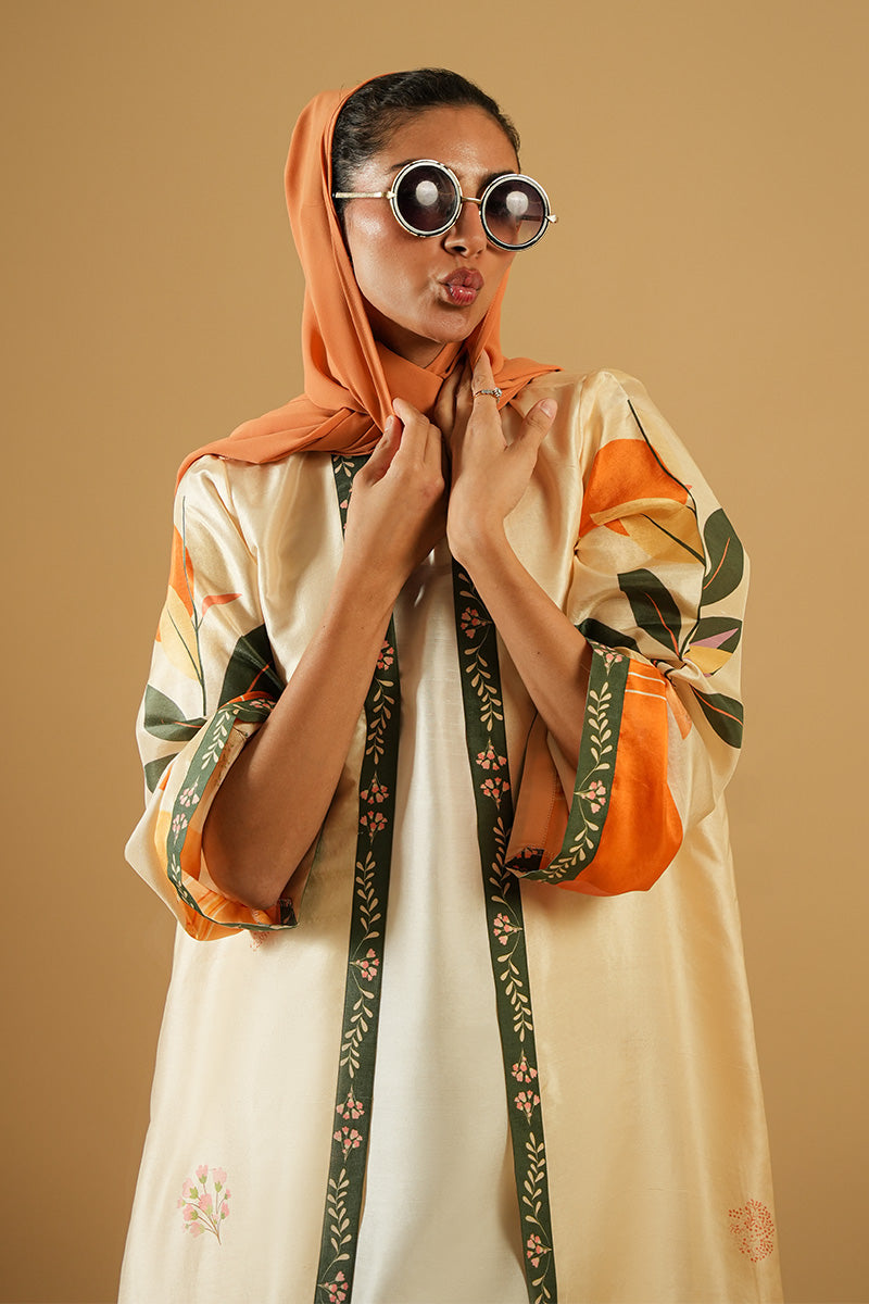 Pakistani Off-White Printed Pure Raw Silk Abaya Cut (3-Piece) - Image 8