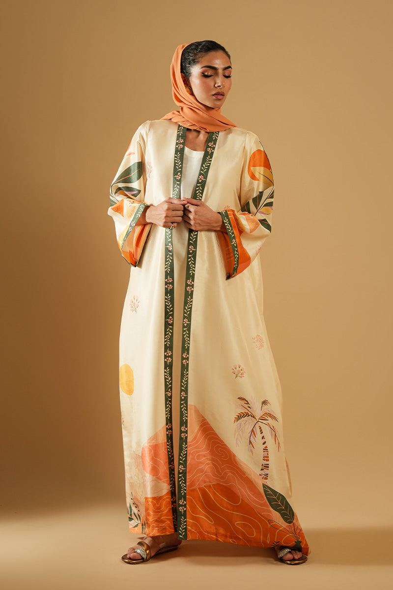 Off-White Printed Pure Raw Silk Abaya Cut (2-Piece) - Image 1