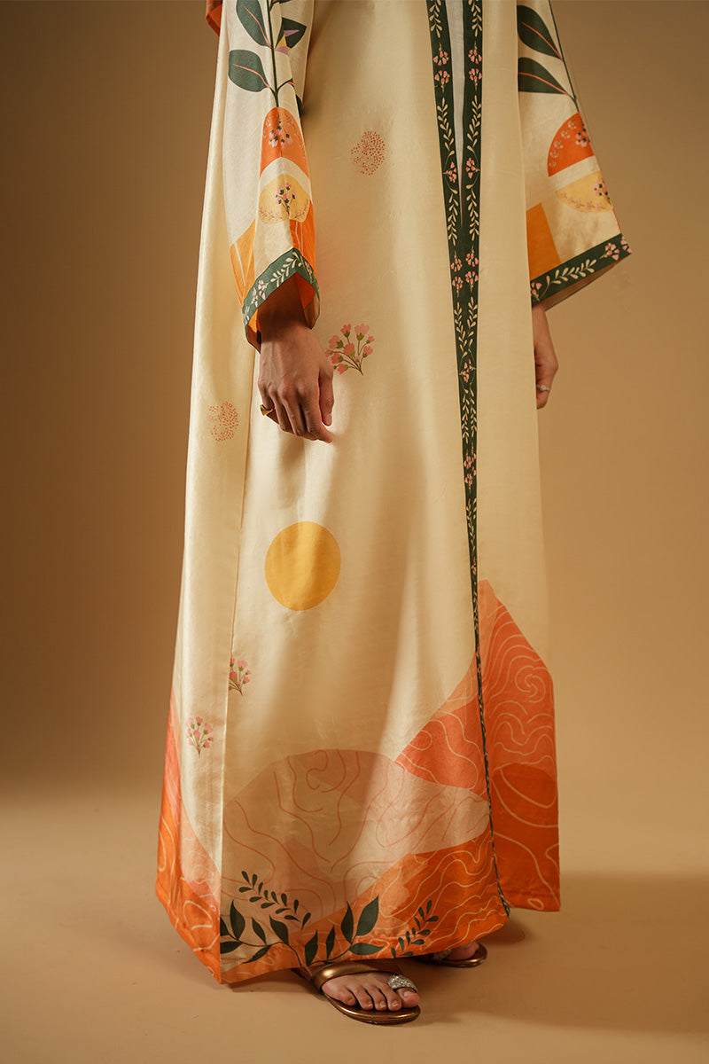 Off-White Printed Pure Raw Silk Abaya Cut (2-Piece) - Image 6