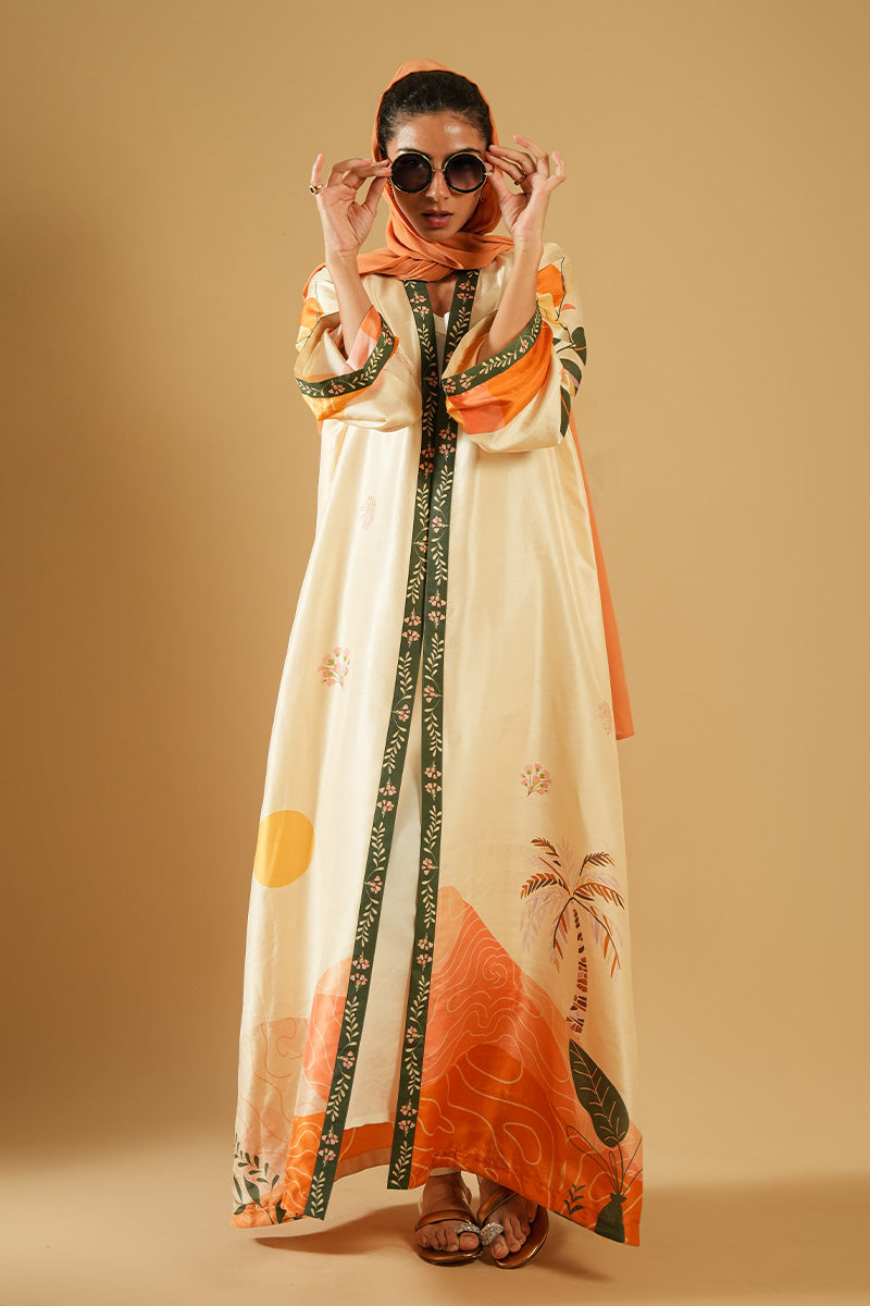 Off-White Printed Pure Raw Silk Abaya Cut (2-Piece) - Image 9