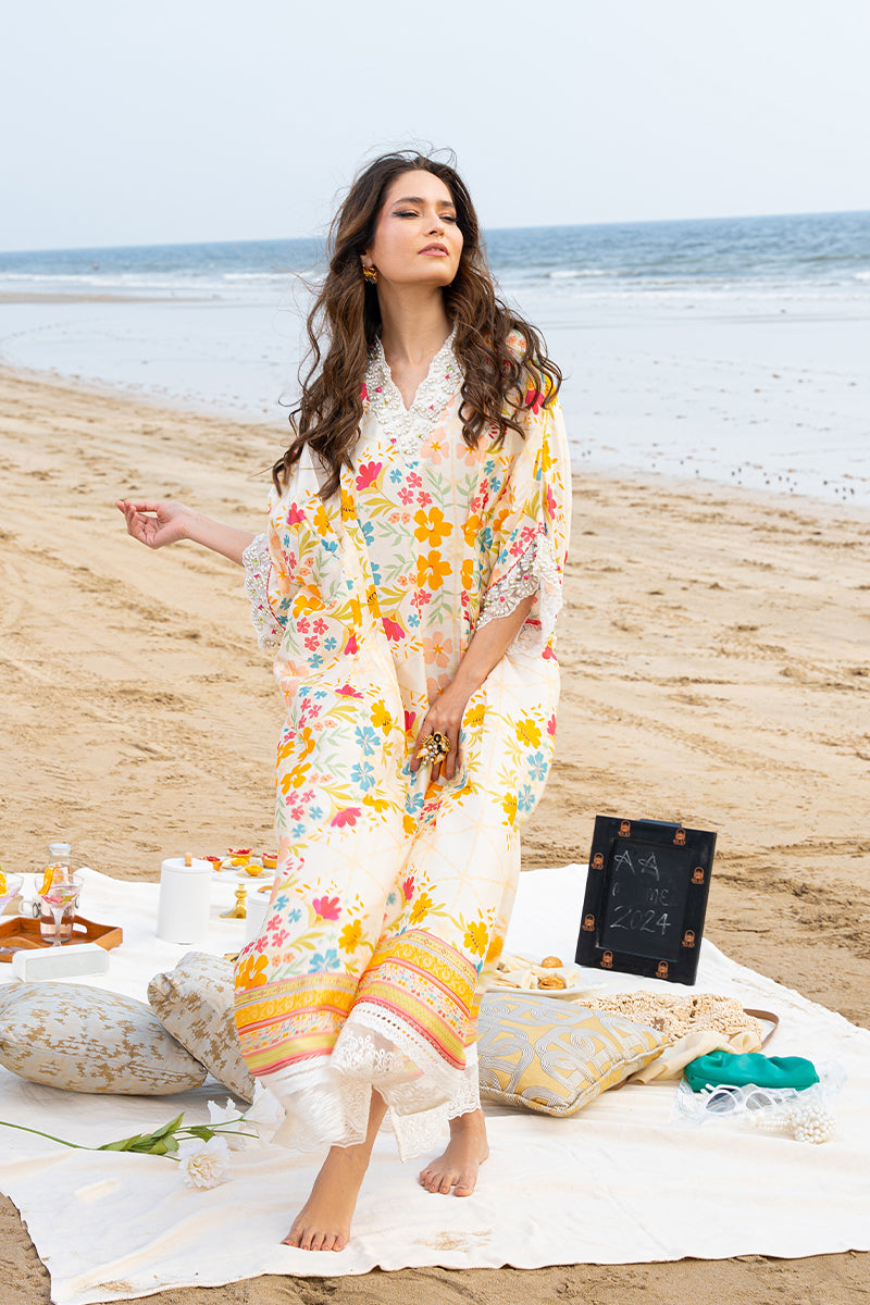 Ivory Floral Embroidered Pure Raw Silk Kaftan (1-Pc) - Image 1