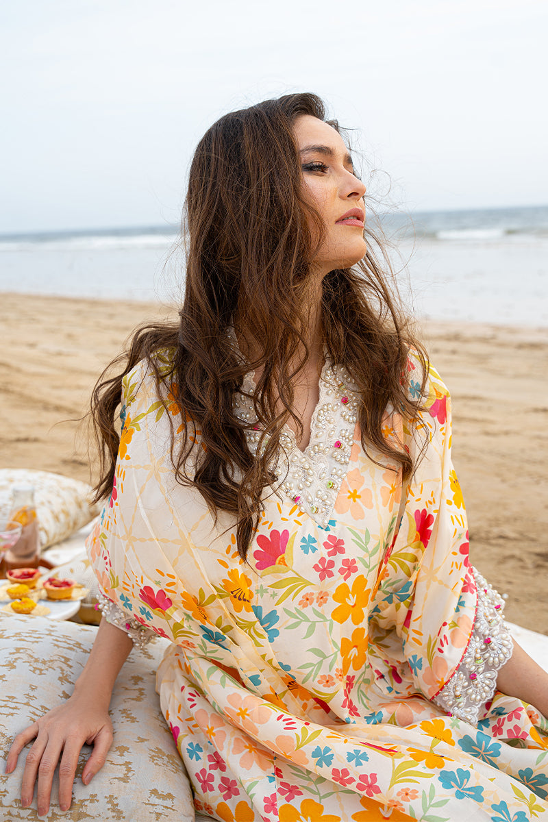 Ivory Floral Embroidered Pure Raw Silk Kaftan (1-Pc) - Image 15