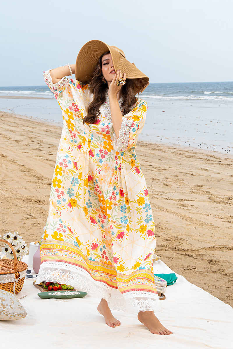 Ivory Floral Embroidered Pure Raw Silk Kaftan (1-Pc) - Image 3