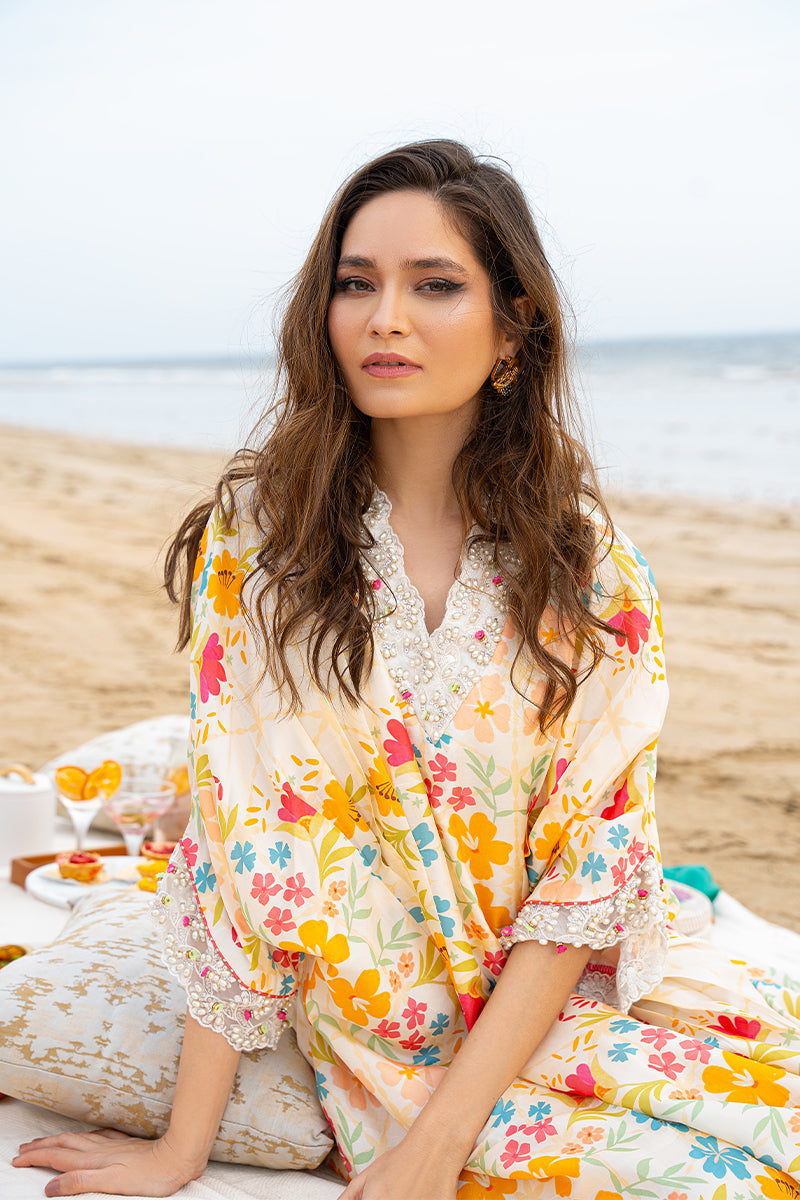 Ivory Floral Embroidered Pure Raw Silk Kaftan (1-Pc) - Image 5