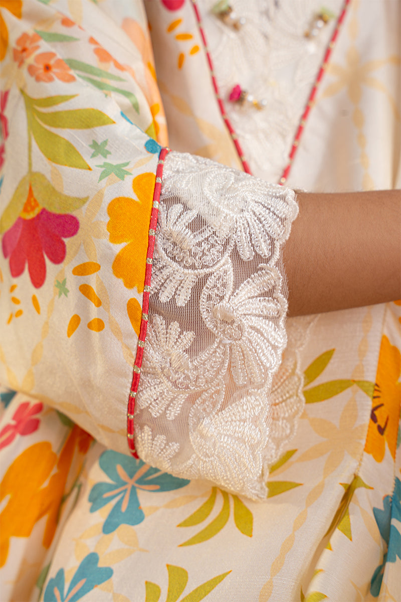 Ivory Floral Embroidered Pure Raw Silk Kaftan (1-Pc) - Image 6