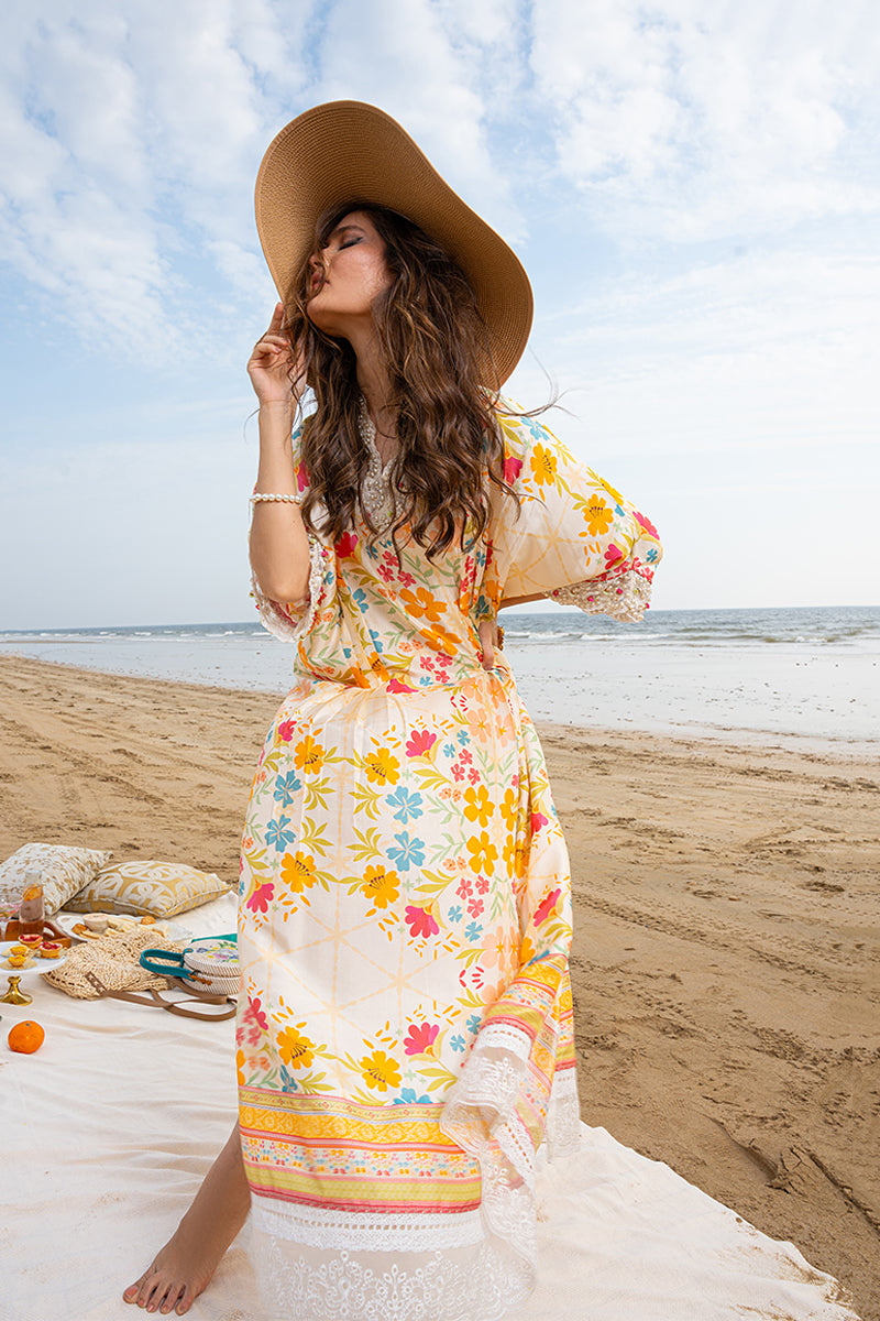 Ivory Floral Embroidered Pure Raw Silk Kaftan (1-Pc) - Image 9