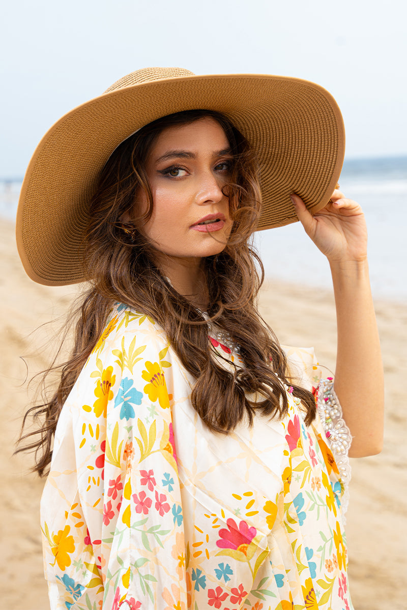 Ivory Floral Embroidered Pure Raw Silk Kaftan (1-Pc) - Image 2