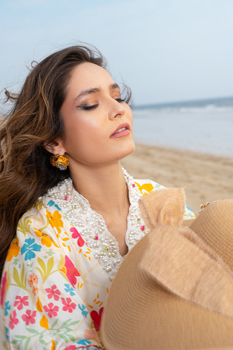 Ivory Floral Embroidered Pure Raw Silk Kaftan (1-Pc) - Image 7