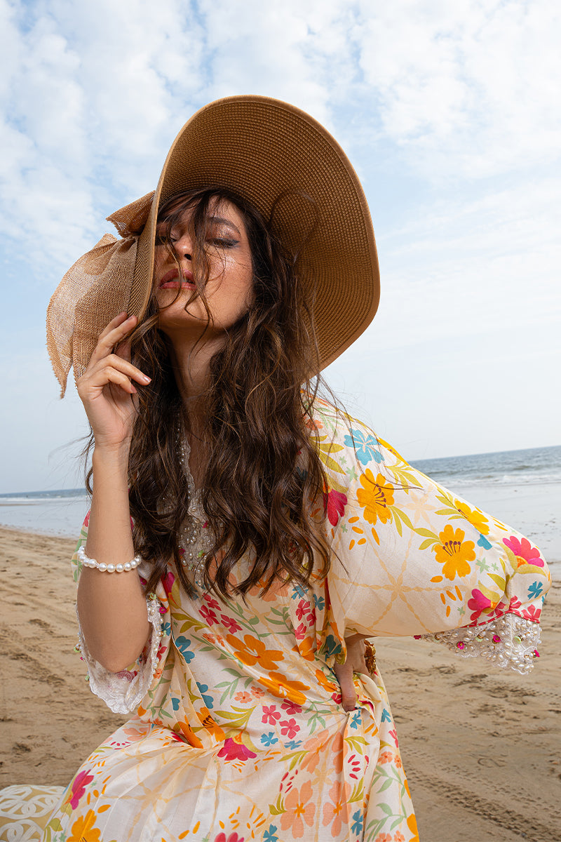 Ivory Floral Embroidered Pure Raw Silk Kaftan (1-Pc) - Image 8