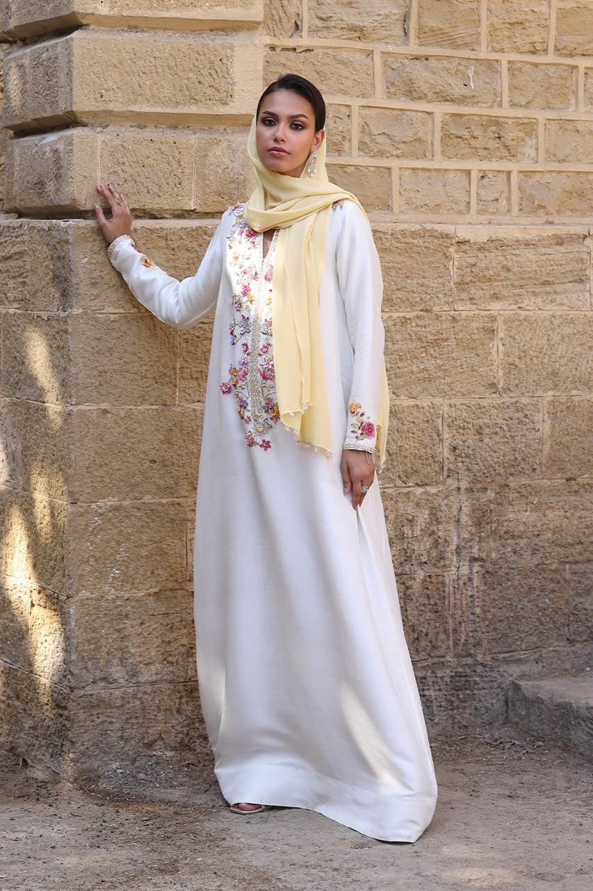 Ivory Floral Embroidered Raw Silk Kaftan (2-Piece) - Image 1