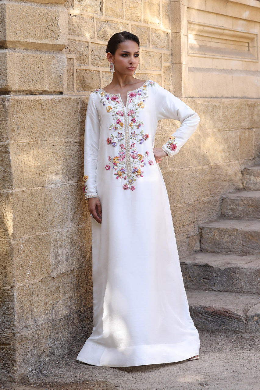 Ivory Floral Embroidered Raw Silk Kaftan (2-Piece) - Image 2