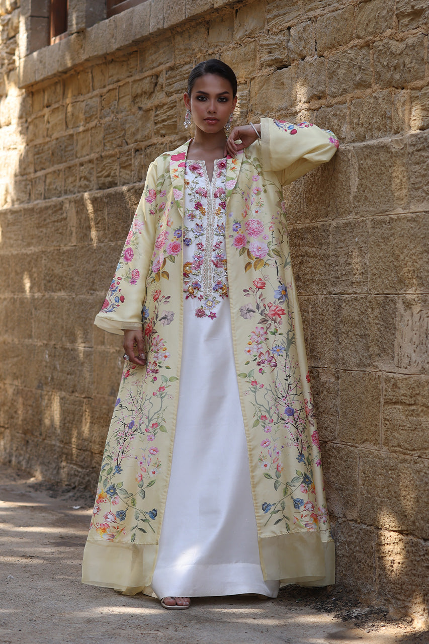 Ivory Floral Embroidered Raw Silk Kaftan (2-Piece) - Image 3