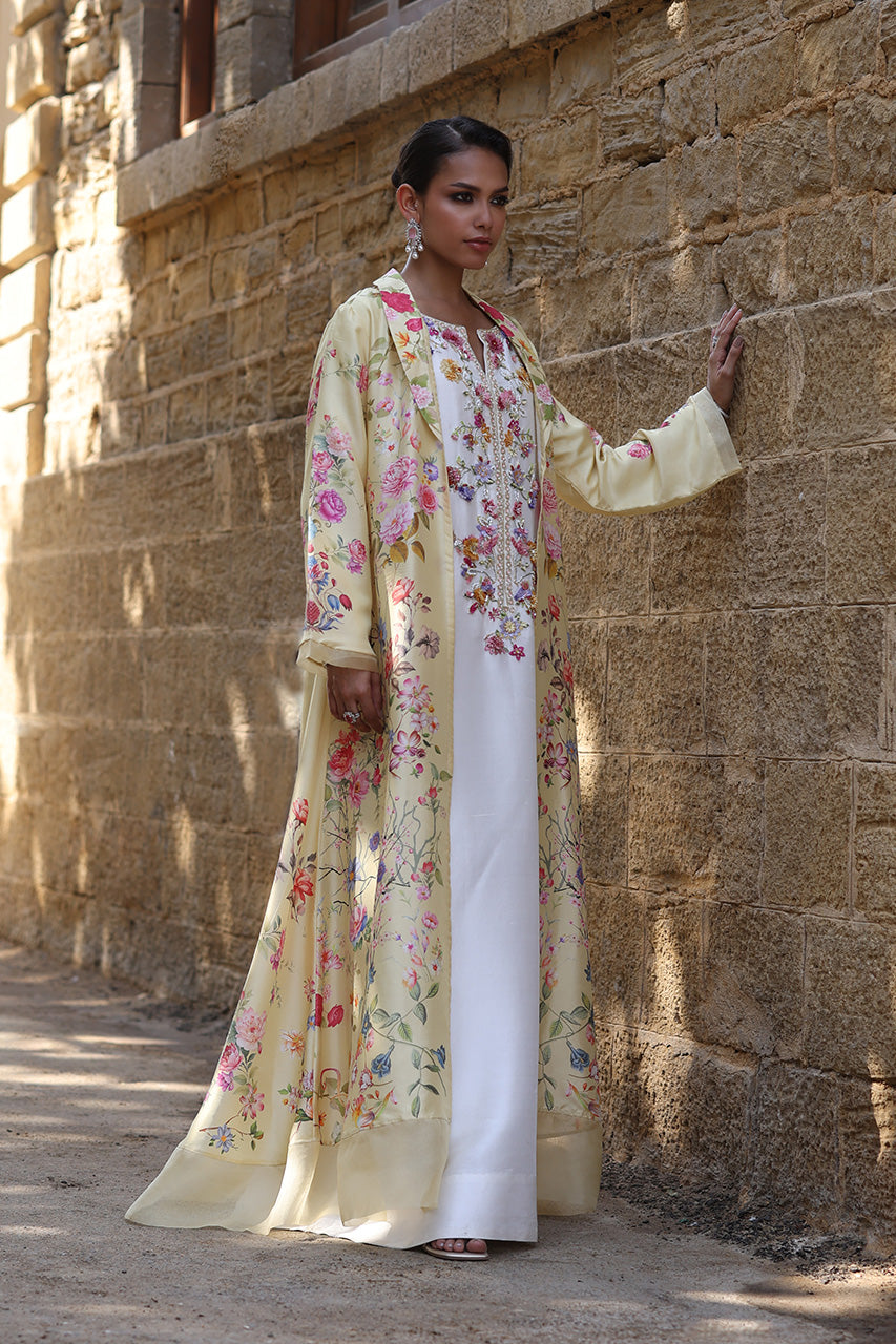 Ivory Floral Embroidered Raw Silk Kaftan (2-Piece) - Image 4