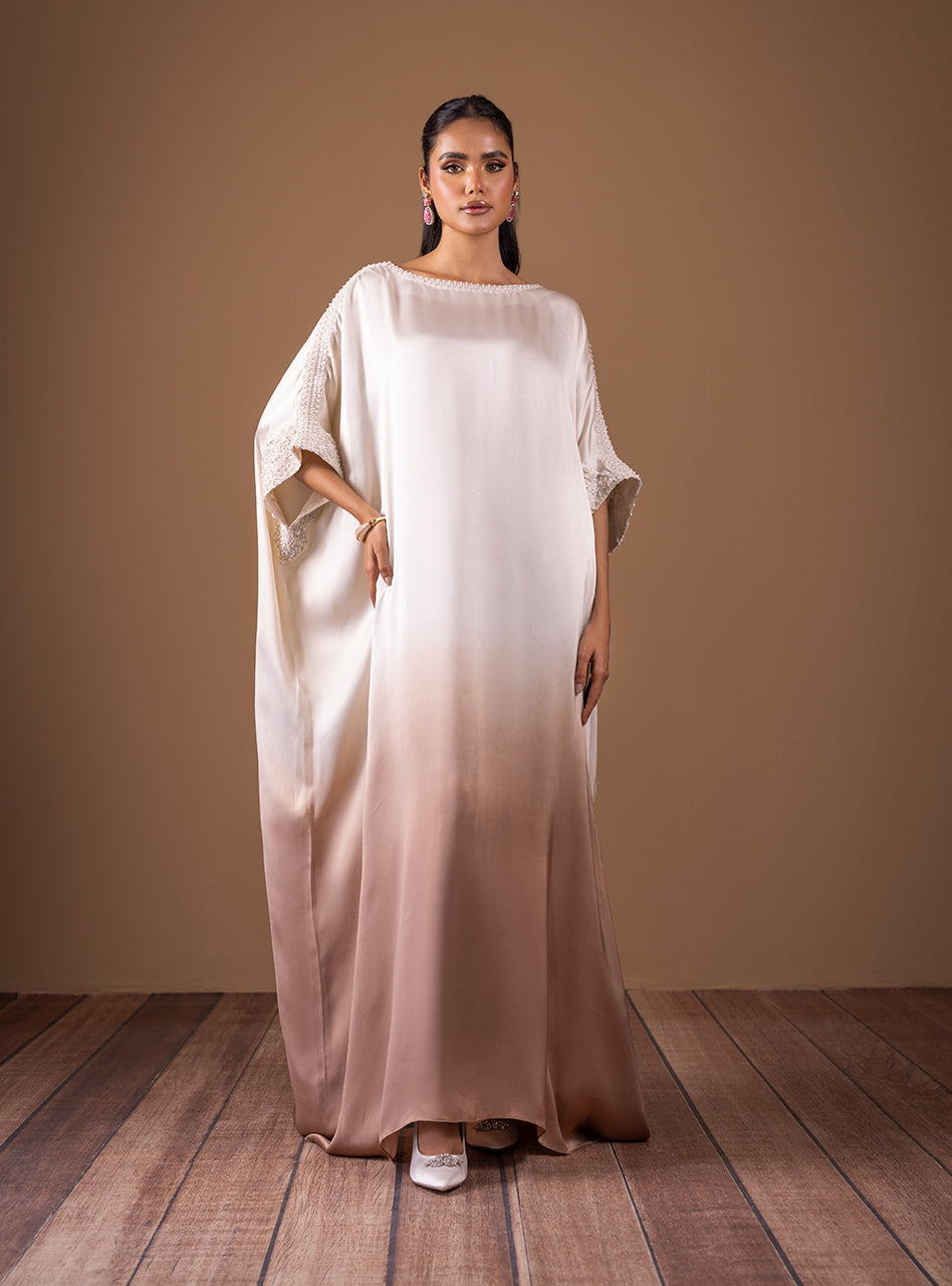 Ivory to Mud Brown Beaded Shamose Silk Kaftan (1-Pc) - Image 1