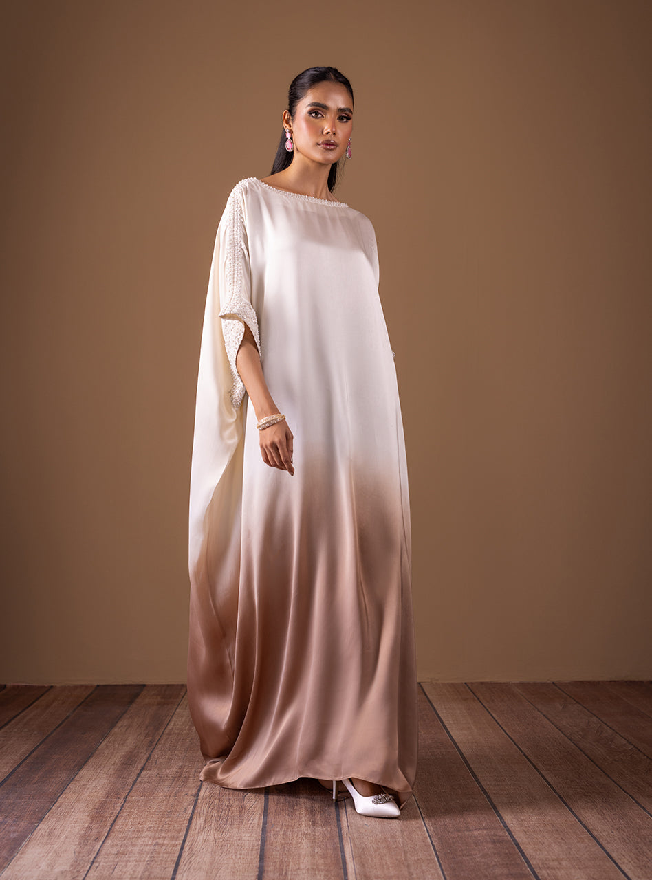 Ivory to Mud Brown Beaded Shamose Silk Kaftan (1-Pc) - Image 5