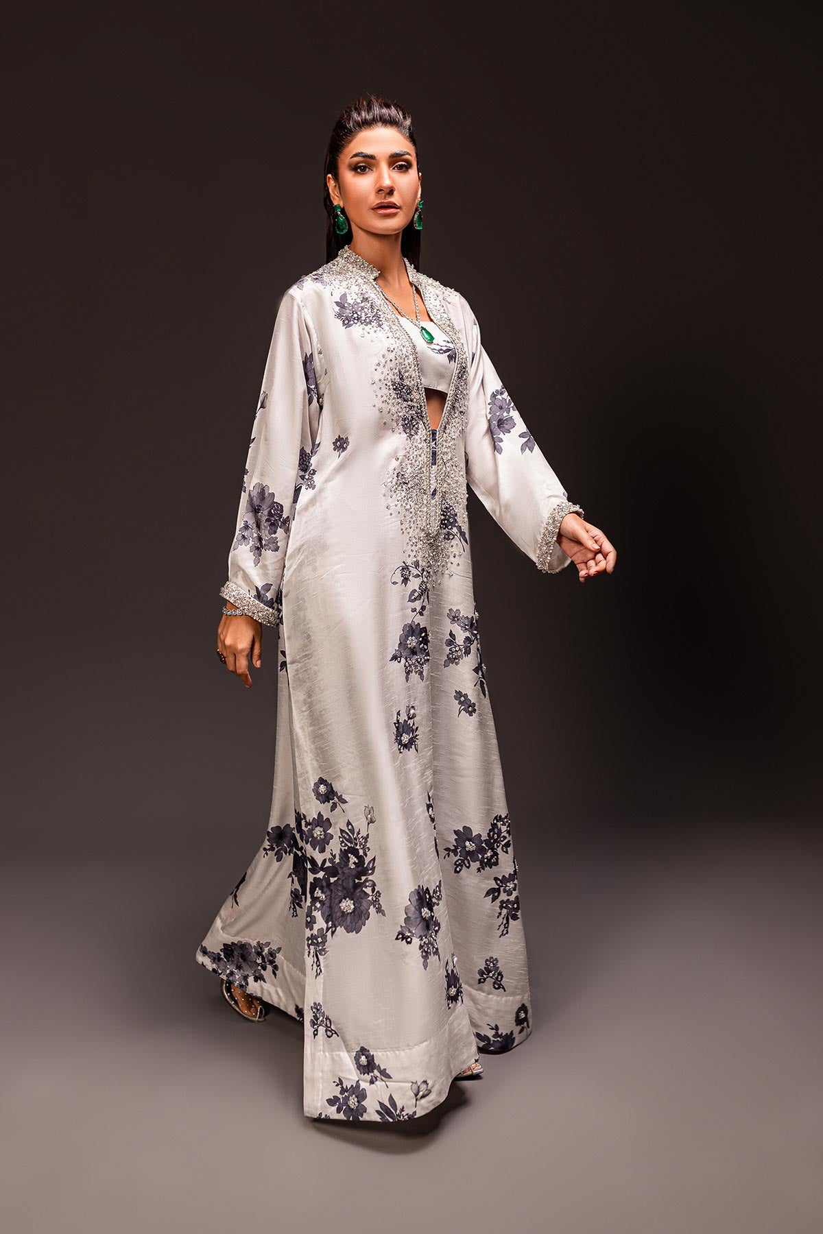 Ivory Grey Hand Beadwork Silk-Blend Kaftan (3-Piece) - Image 2