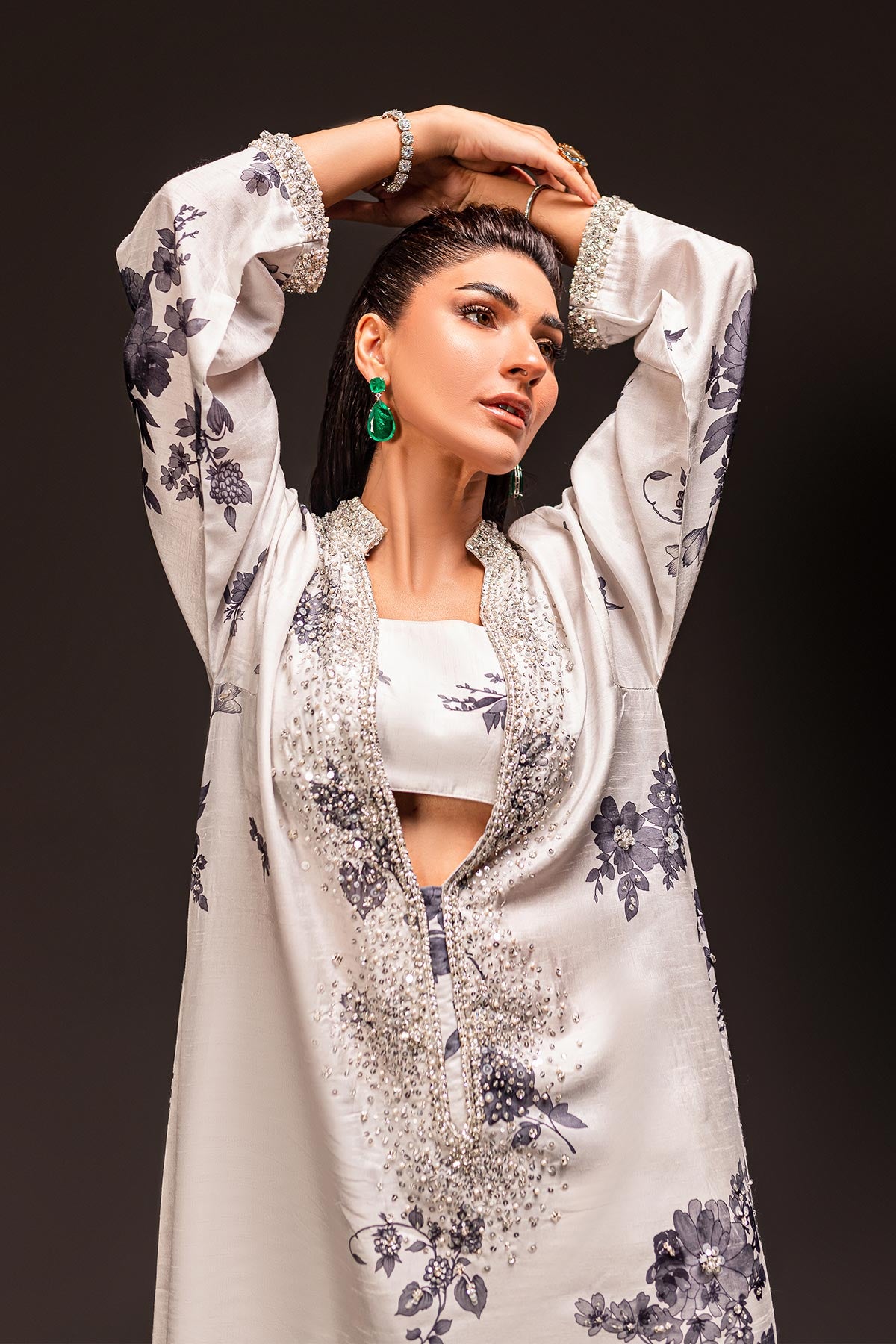 Ivory Grey Hand Beadwork Silk-Blend Kaftan (3-Piece) - Image 3