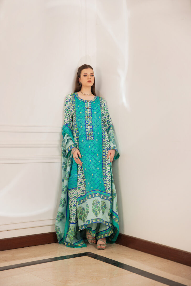 Off-White Block Printed Medium Silk Kaftan (3-Piece) - Image 1