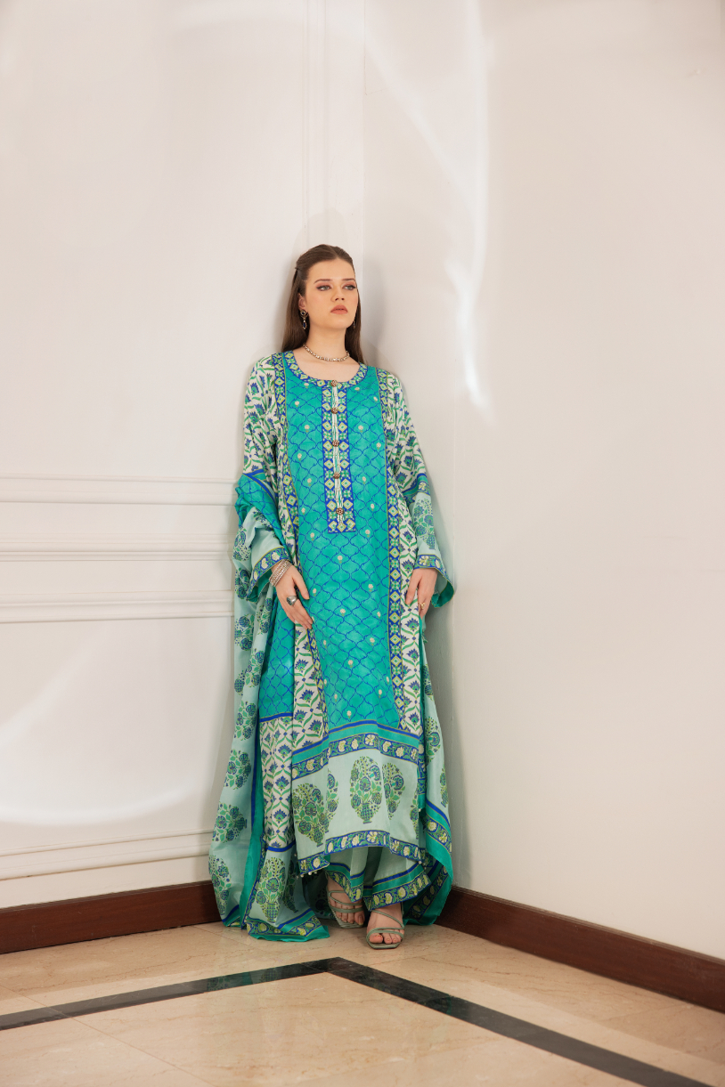 Off-White Block Printed Medium Silk Kaftan (3-Piece) - Image 2