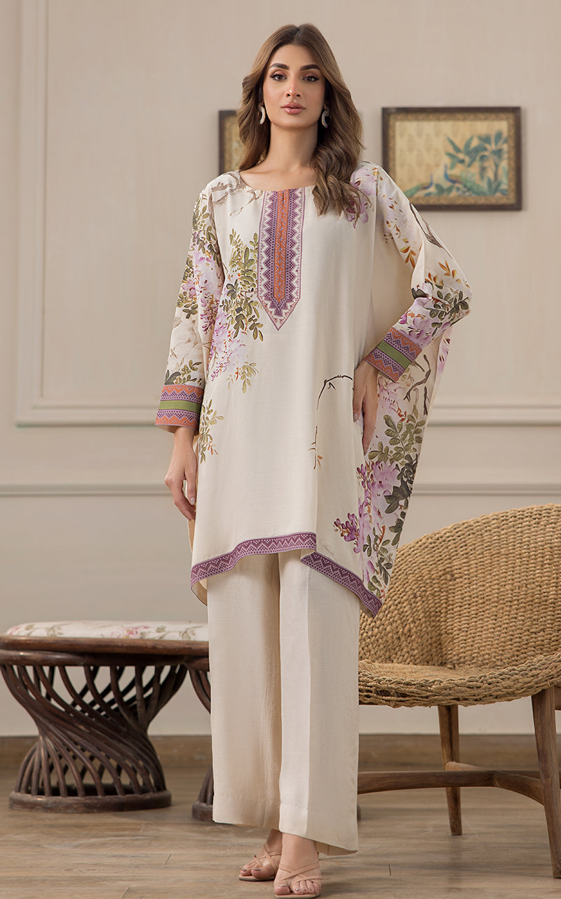 Ivory Printed Viscose Silk Poncho (2-Piece) - Image 1