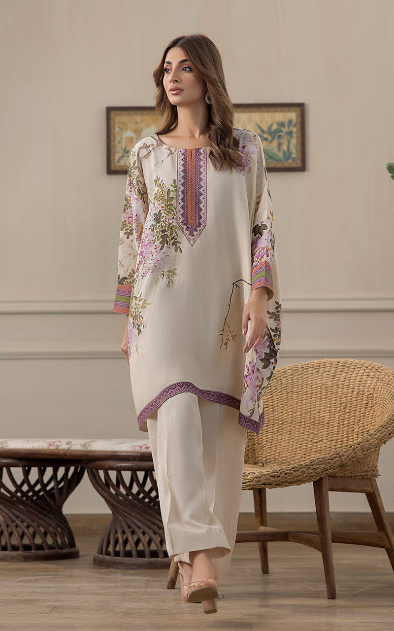 Ivory Printed Viscose Silk Poncho (2-Piece) - Image 3