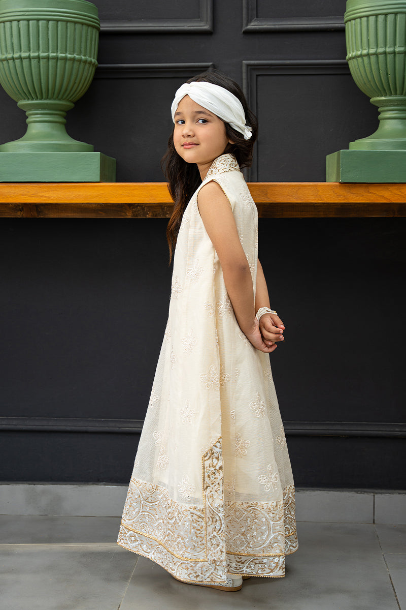 Ivory Embroidered Cotton Organza Kalidar Set (2-Piece) - Image 3