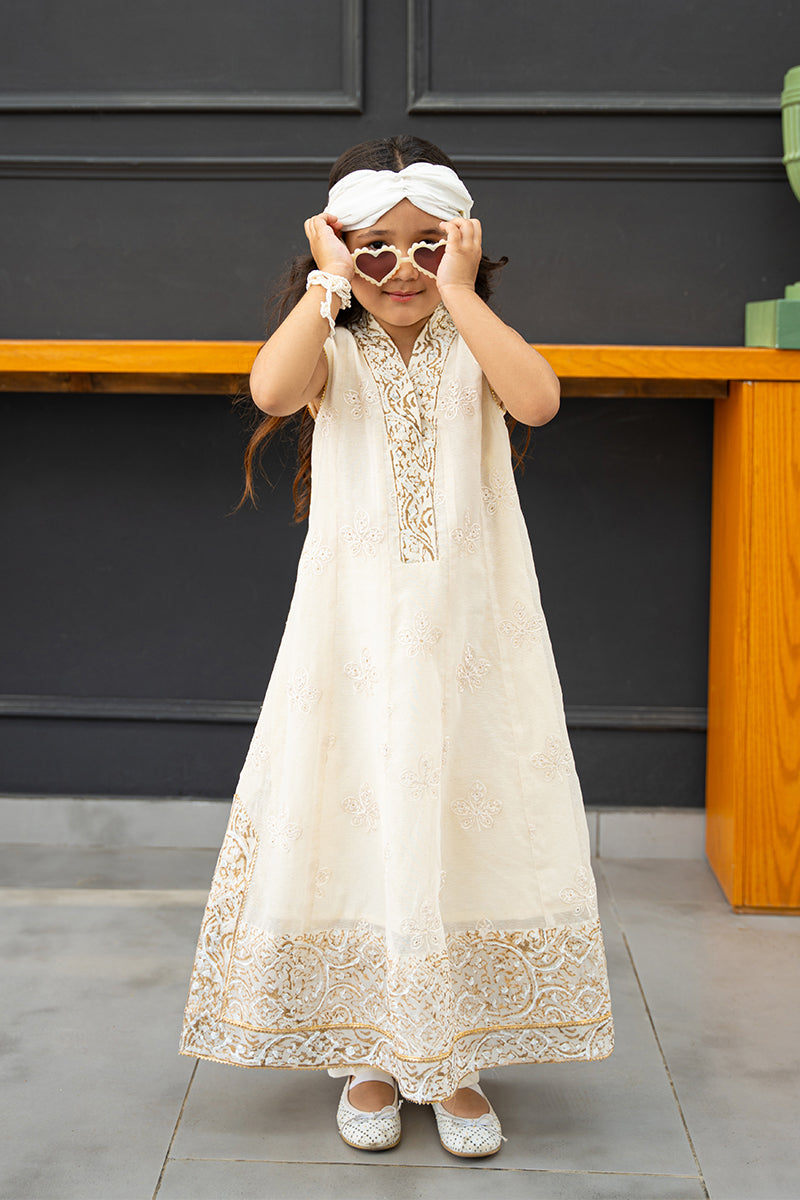 Ivory Embroidered Cotton Organza Kalidar (2-Piece) - Image 1