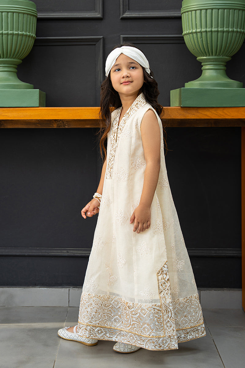 Ivory Embroidered Cotton Organza Kalidar (2-Piece) - Image 4