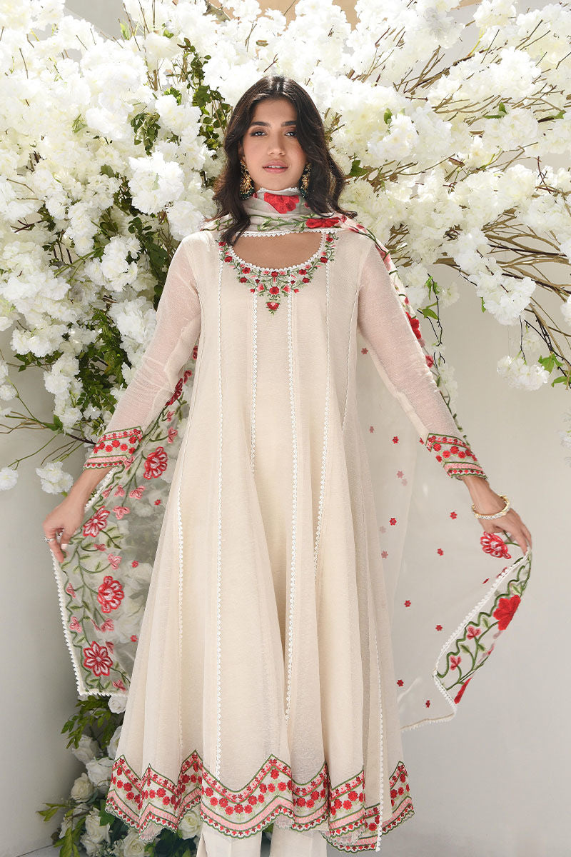 Pakistani Ivory Embroidered Cotton-Silk Kalidar (3-Piece) - Image 1