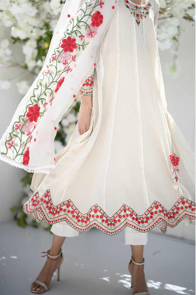 Pakistani Ivory Embroidered Cotton-Silk Kalidar (3-Piece) - Image 3