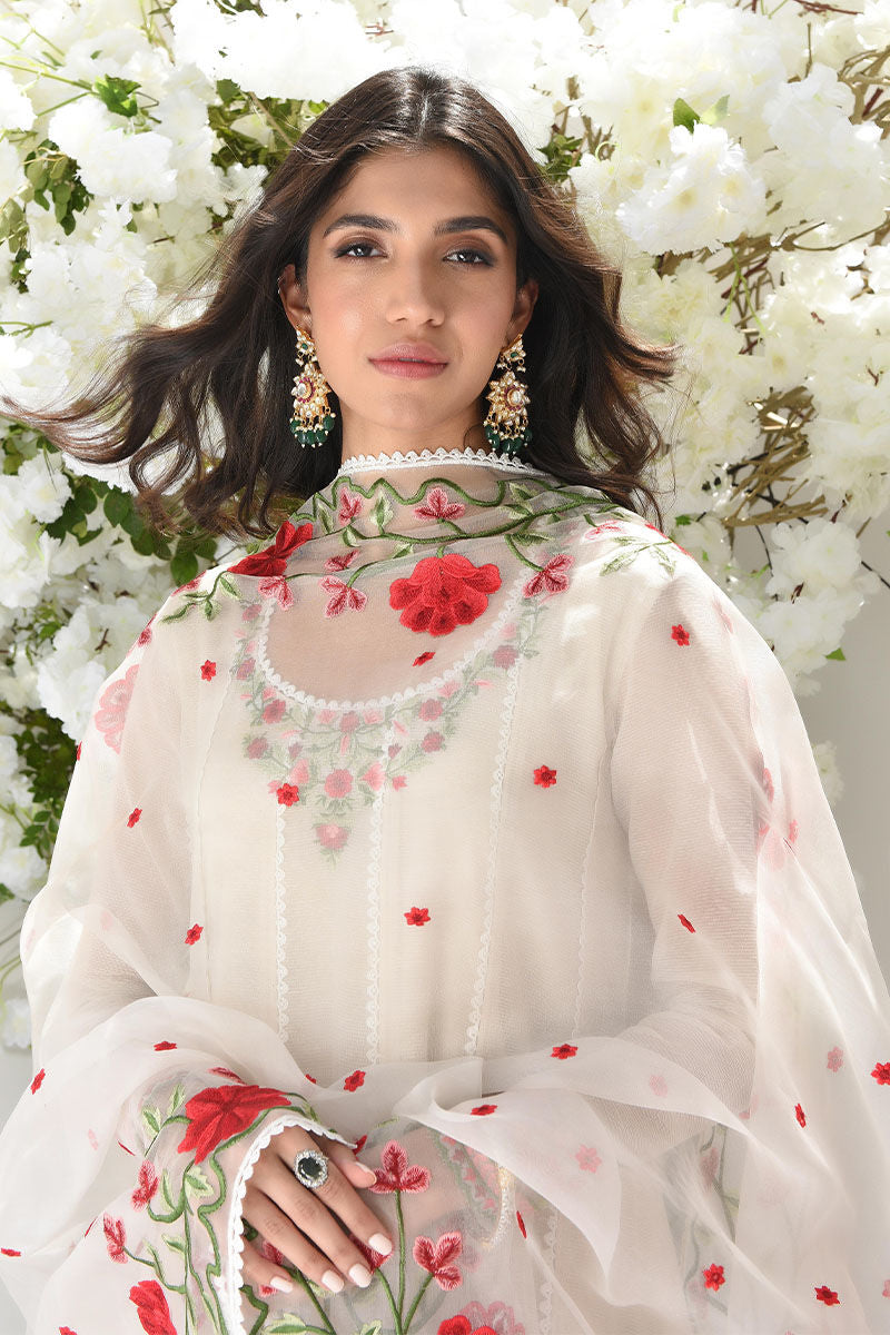 Pakistani Ivory Embroidered Cotton-Silk Kalidar (3-Piece) - Image 4