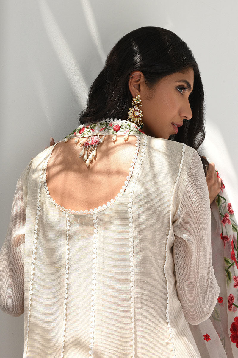 Pakistani Ivory Embroidered Cotton-Silk Kalidar (3-Piece) - Image 5
