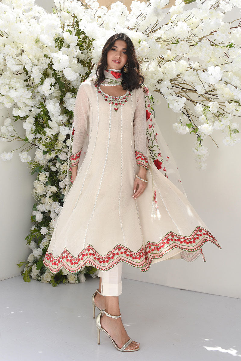 Pakistani Ivory Embroidered Cotton-Silk Kalidar (3-Piece) - Image 6