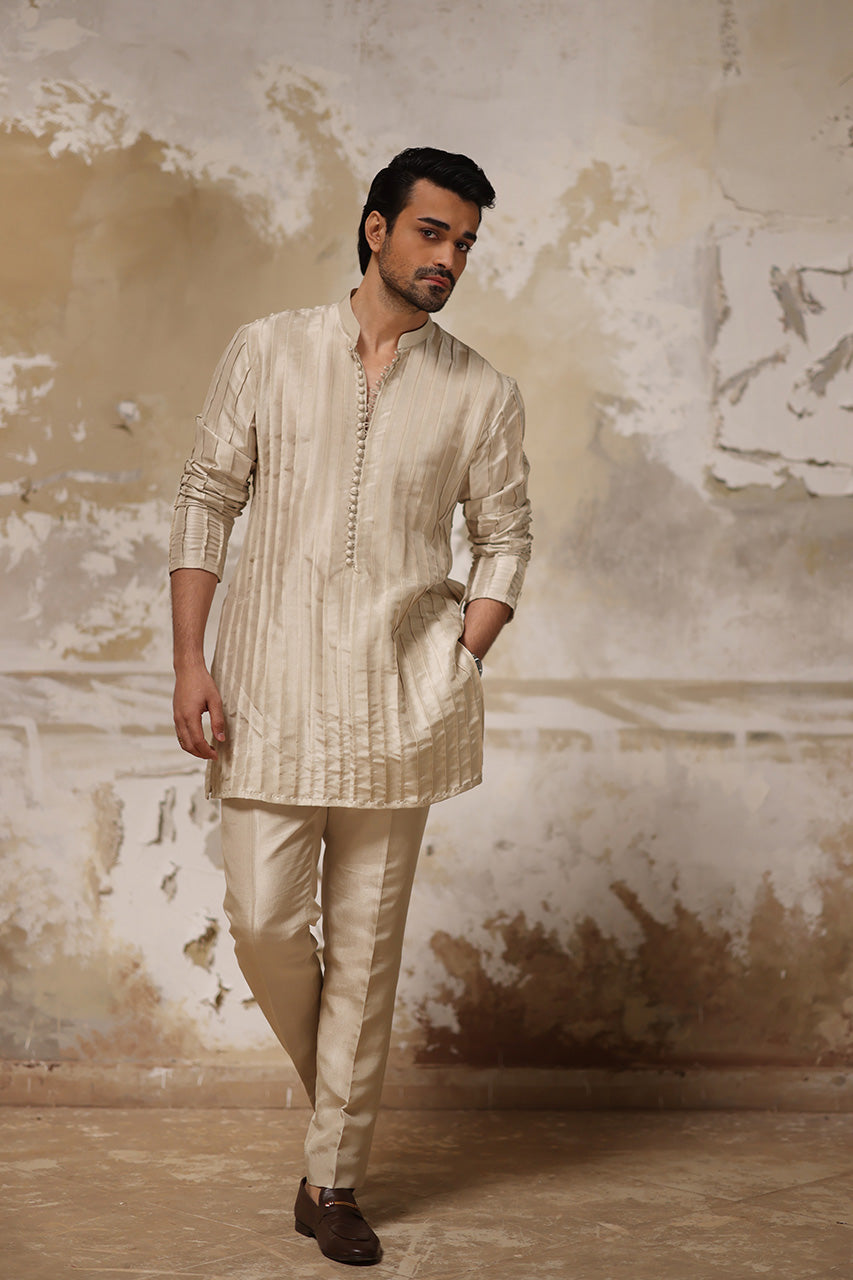 Ivory Pleated Raw Silk Kurta Pajama (2-Piece) - Image 1