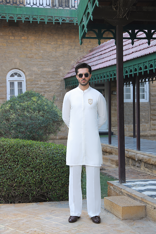 Off White Gold Embroidered Wash & Wear Kurta Pajama (2-Piece) - Image 1
