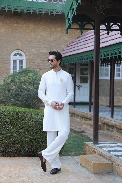 Off White Gold Embroidered Wash & Wear Kurta Pajama (2-Piece) - Image 5