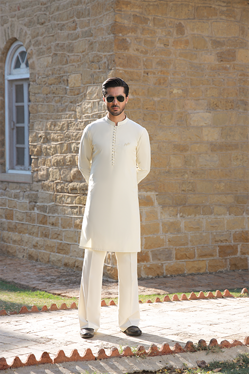 Cream Embroidered Wash-and-Wear Kurta Pajama (2-Piece) - Image 1