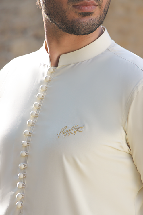 Cream Embroidered Wash-and-Wear Kurta Pajama (2-Piece) - Image 4